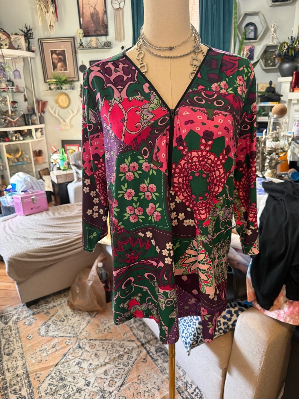 Floral Patchwork V-Neck Tunic Top in Pink & Green